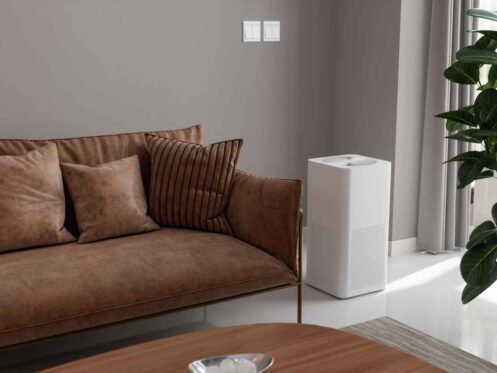 A room in a home with good indoor air quality and an air purifier next to the couch.